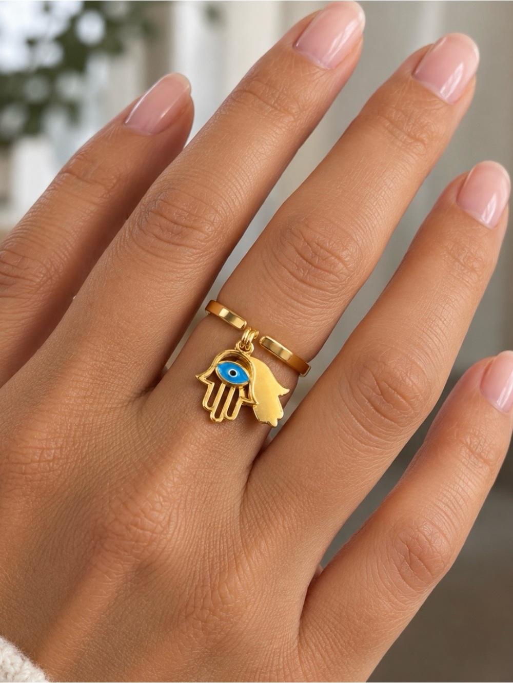 Gold Hamsa Hand Charm Ring with Blue Evil Eye
